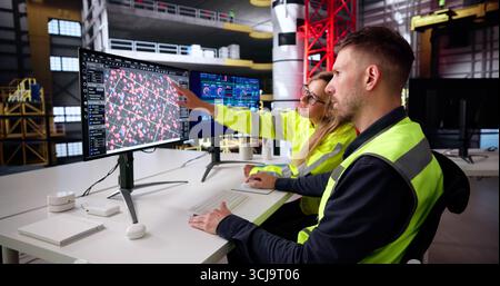 Industrial Engineer Overseeing SCADA Panel On Desktop Computer At Center. Stock Photo
