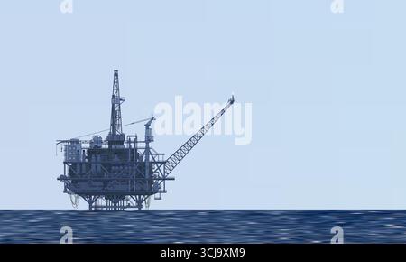 Offshore drilling rig, platform in the sea. Background gray blue sky. Offshore crude oil production, industry, business. Silhouette, seascape. Carbon Stock Vector