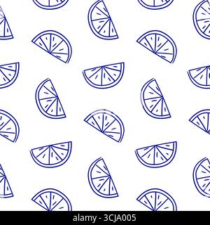 Bright lemon slices are illustrated in a repeating pattern, featuring blue outlines against a clean white background. This design is suitable for vari Stock Vector