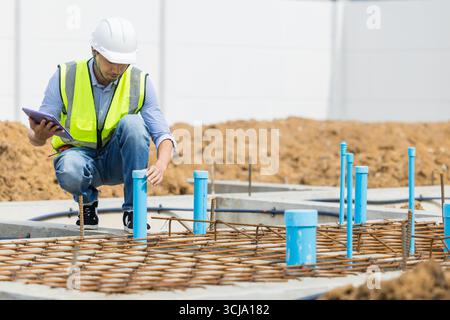 Asian construction engineer, Japanese builder worker male working inspecting footing house building. Stock Photo