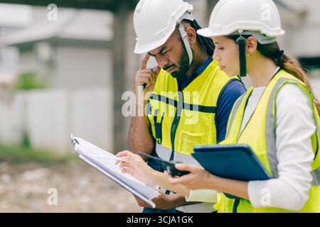 Construction engineer builder stressed solving problem meeting site auditor women with floorplan mistake Stock Photo