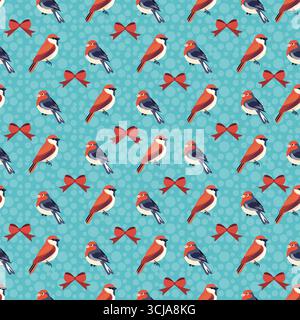 Seamless pattern featuring stylized birds and red bows on a blue polka dot background vector Stock Vector