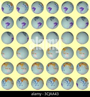 Collection of globes. Normal sphere view. Rotation step 10 degrees. Colored countries style. World map with graticule lines on warm background. Stock Vector