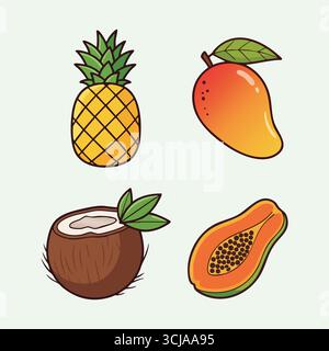 A group of colorful fruits shows a pineapple a ripe mango a halved coconut and a sliced papaya with seeds. Stock Vector