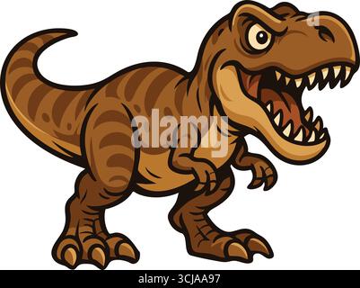 A dynamic brown tyrannosaurus stands with mouth wide open showing large teeth short arms and a sweeping tail in a playful cartoon style. Stock Vector