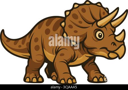 A stout triceratops strides forward displaying a large frill three facial horns and rugged skin textures in friendly colors. Stock Vector