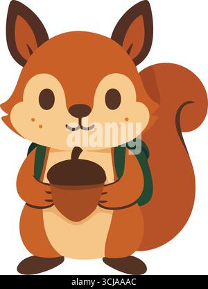 A bright eyed squirrel stands upright clutching a nut and wearing small green straps suggesting a tiny adventurer. Stock Vector