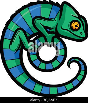 A green and blue chameleon with large eye wraps its tail into a spiral within a bold circular border. Stock Vector