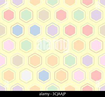 Vector science background. Rounded hexagons mosaic cells with padding and inner solid cells. Large hexagon shapes. Multiple tones color palette. Stock Vector