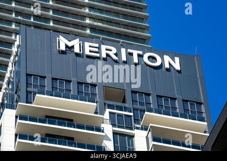 The corporate logo for the Australian property developer and investor Meriton in Sydney, Australia Stock Photo