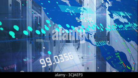 Showcasing server cabinets lining datacenter aisle with LED lights, world map data points and stats Stock Photo