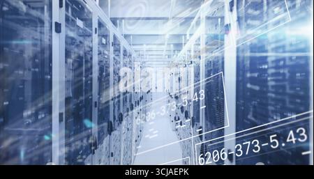 Displaying server cabinets hosting rack servers in data center, with digital overlays Stock Photo