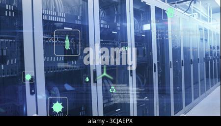 Displaying glass racks projecting holographic icons in data center corridor, with patch cables Stock Photo