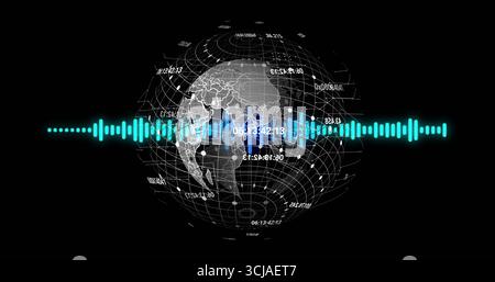 Displaying 3D wireframe globe with grid lines and numeric labels on dashboard, with audio waveform Stock Photo