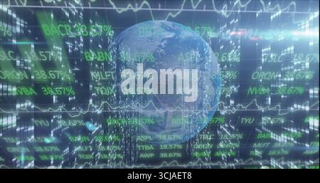 Floating digital globe revolving within trading interface, with stock tickers and waveform lines Stock Photo