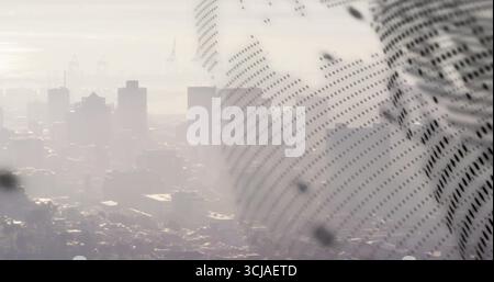 Merging dotted halftone face overlay into hazy urban skyline, with skyscrapers and smog, copy space Stock Photo