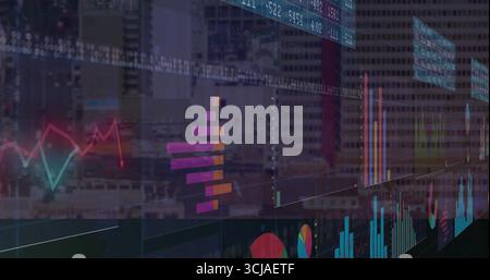 Displaying line graphs, bar charts, pie segments, tickers and tables over city skyline Stock Photo