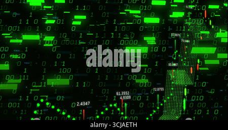 Displaying data display on screen with binary digits, green bars, numeric labels, dotted charts Stock Photo