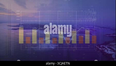 Displaying translucent data overlaying coastal dawn scene, with colored bars and white line graph Stock Photo