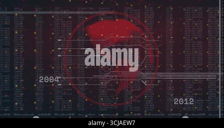 Displaying stylized red globe streaming data over code dashboard, with timeline markers 2004 2012 Stock Photo