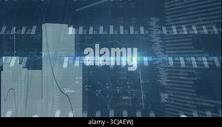 Displaying horizontal gradient bar, translucent columns and line graph curves on deep blue screen Stock Photo