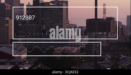 Showing interface overlay displaying numeric readout with waveform graph over urban skyline sunset Stock Photo