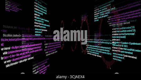 Displaying installation projecting JavaScript code across dark room walls, with circular code rings Stock Photo