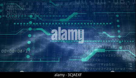 Displaying panel scrolling binary and hex code on teal circuit grid with floating nodes, timecode Stock Photo