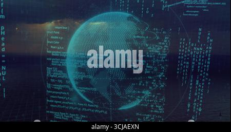 Glowing dotted Earth globe hovering in virtual digital space, with grid plane floating code streams Stock Photo