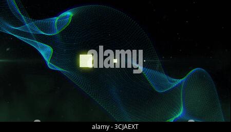 Flowing luminous data wave forming green mesh across digital void, with three glowing square pixels Stock Photo