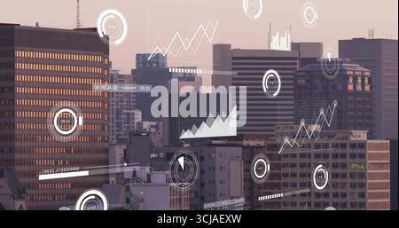 Showing city skyline displaying floating HUD data overlays at downtown dusk, with many data charts Stock Photo