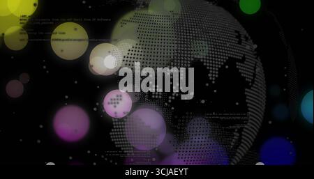 Rotating dotted globe revolving in digital space, with colored orbs and code snippets, copy space Stock Photo