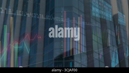 Showing financial charts overlaying glass facade, with colored bars line graphs and numeric tickers Stock Photo
