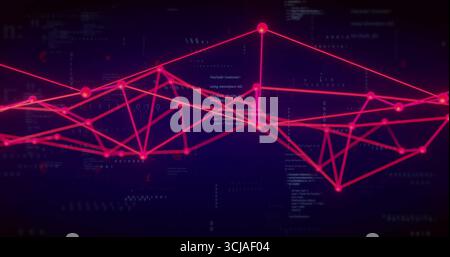 Displaying network graph with glowing pink nodes and neon lines in digital mesh, with floating code Stock Photo