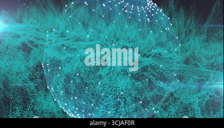 Displaying semi-transparent spherical mesh in virtual space, with white nodes and cyan flares Stock Photo