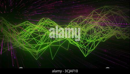 Displaying neon-green wireframe mesh forming mountainous terrain in 3D space, with purple streaks Stock Photo