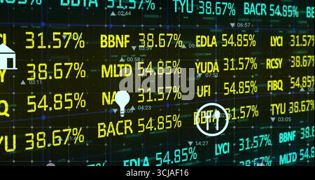 Displaying ticker showing values over grid on trading floor with triangular data markers and icons Stock Photo