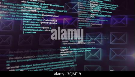 Displaying translucent code windows with code text on UI, featuring envelope icons and neon shapes Stock Photo