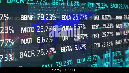 Displaying trading data streaming on trading screen, with stock tickers, percentage values, charts Stock Photo