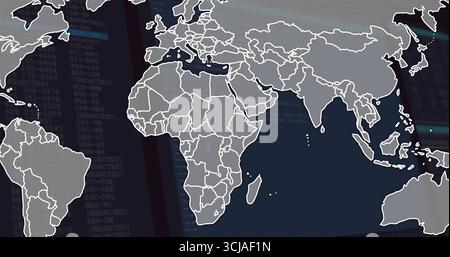 Displaying outlined world map over blurred code lines on cybersecurity UI, with redacted markers Stock Photo