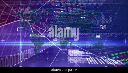 Displaying holographic world map in virtual interface, with neon gridlines and binary streams Stock Photo