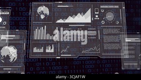 Translucent panels floating in console with bar and line charts, gauge, code on binary background Stock Photo