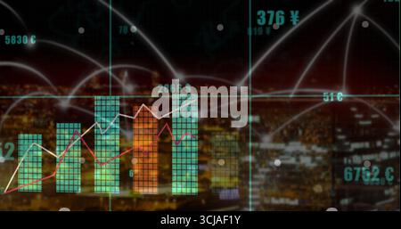 Displaying data overlay over urban skyline at night, with bar charts, line graphs and network arcs Stock Photo