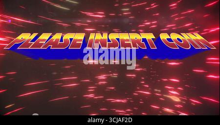 Displaying retro 3D arcade text reading PLEASE INSERT COIN in cosmic neon start screen Stock Photo