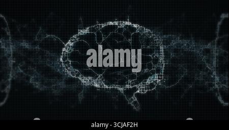 Forming glowing cyan neural network brain structure in grid space, with glowing nodes and filaments Stock Photo