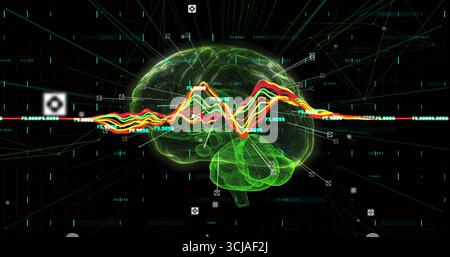 Floating neon-green brain mesh drifting on grid, with multicolored waveform, labels, crosshairs Stock Photo
