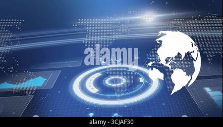 Displaying white 3D globe over digital grid floor with world map overlay, HUD, markers, copy space Stock Photo