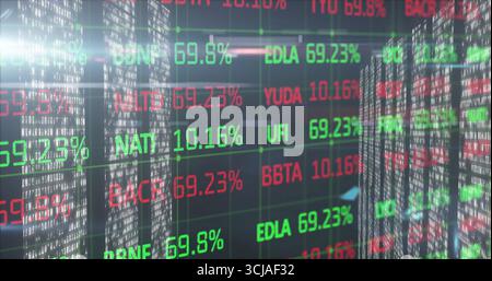 Displaying stock ticker panel featuring green red percent values at LED data wall with lens flares Stock Photo