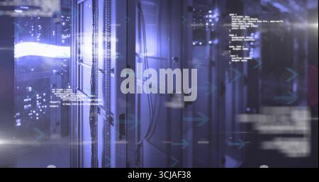 Illuminating server rack displaying Ethernet cables in data center, with LEDs and code overlays Stock Photo