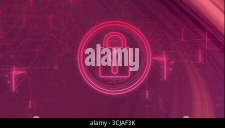 Displaying neon padlock in concentric rings on interface with grid lines, nodes and light streaks Stock Photo